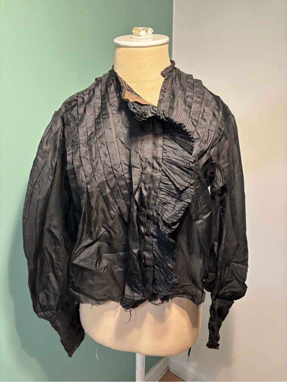 Antique Vintage Black Silk Ruffled Pleated Women's Blouse